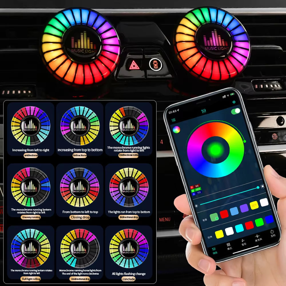 Car Smart APP Control RGB Music Rhythm Lamp Air Freshener LED Strip Sound Control Voice Pick up Atmosphere Light Air Vent Clip